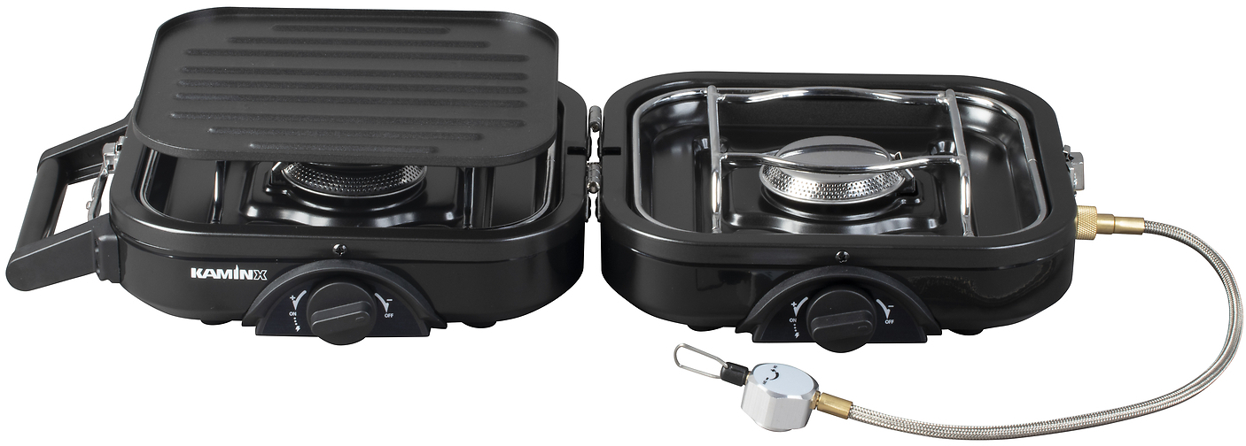 KAMINX Camping Gaskocher PB78 - Klappbar mit zwei Flammen inkl. Grillplatte
