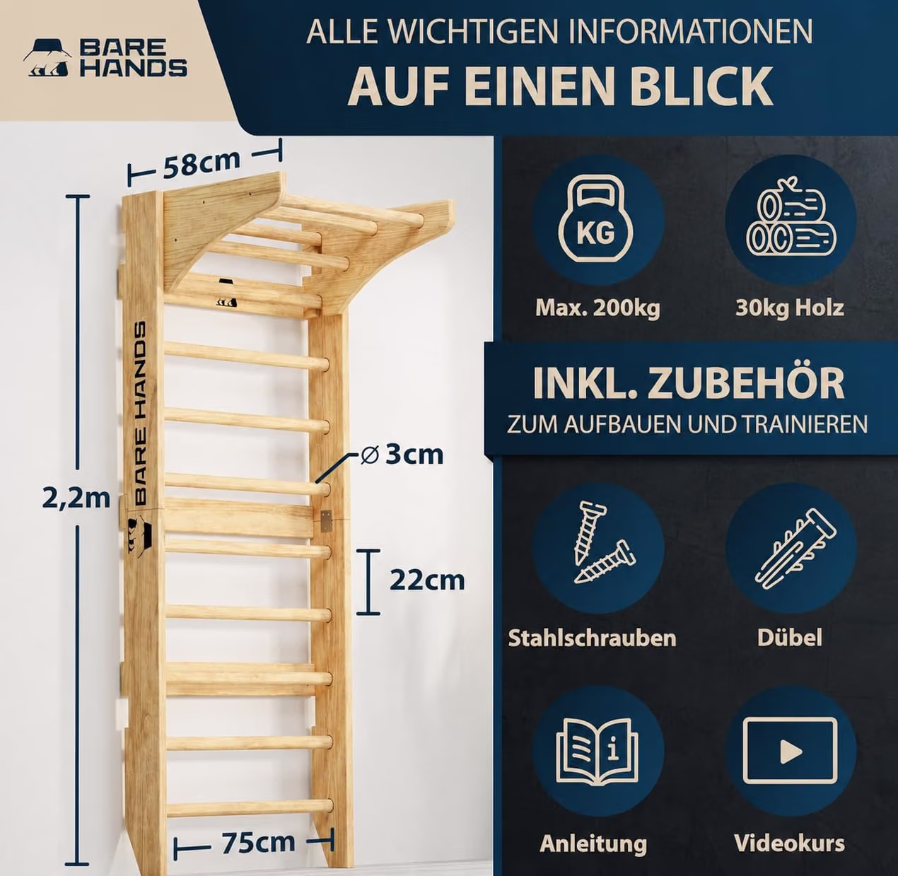 BARE HANDS 3in1 Sprossenwand aus Holz mit Klimmzugstange & Dipstange | Home Gym für Erwachsene & Kinder | bis 200 kg