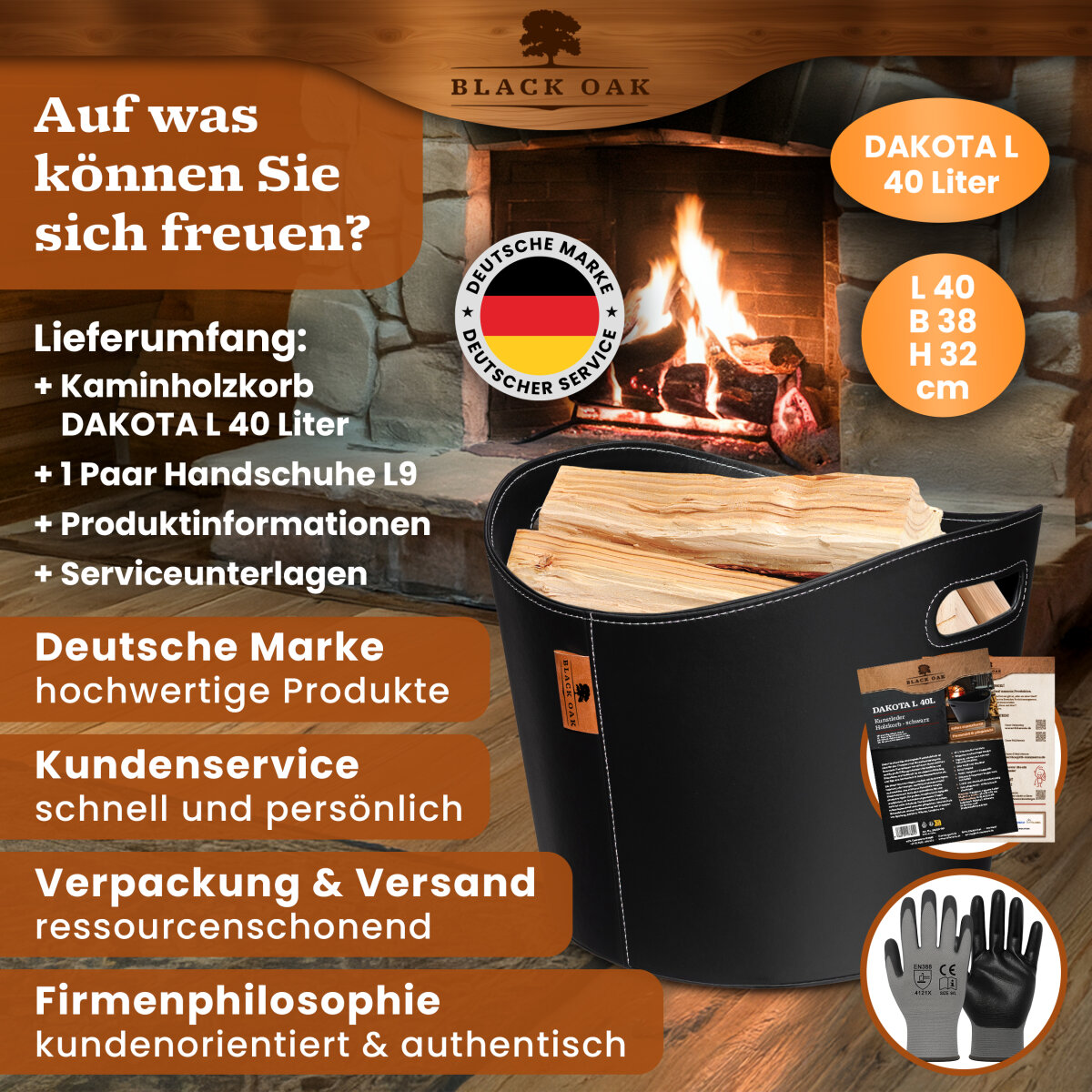 BLACK OAK DAKOTA L 40L Holzkorb Kunstleder schwarz + Handschuhe grau