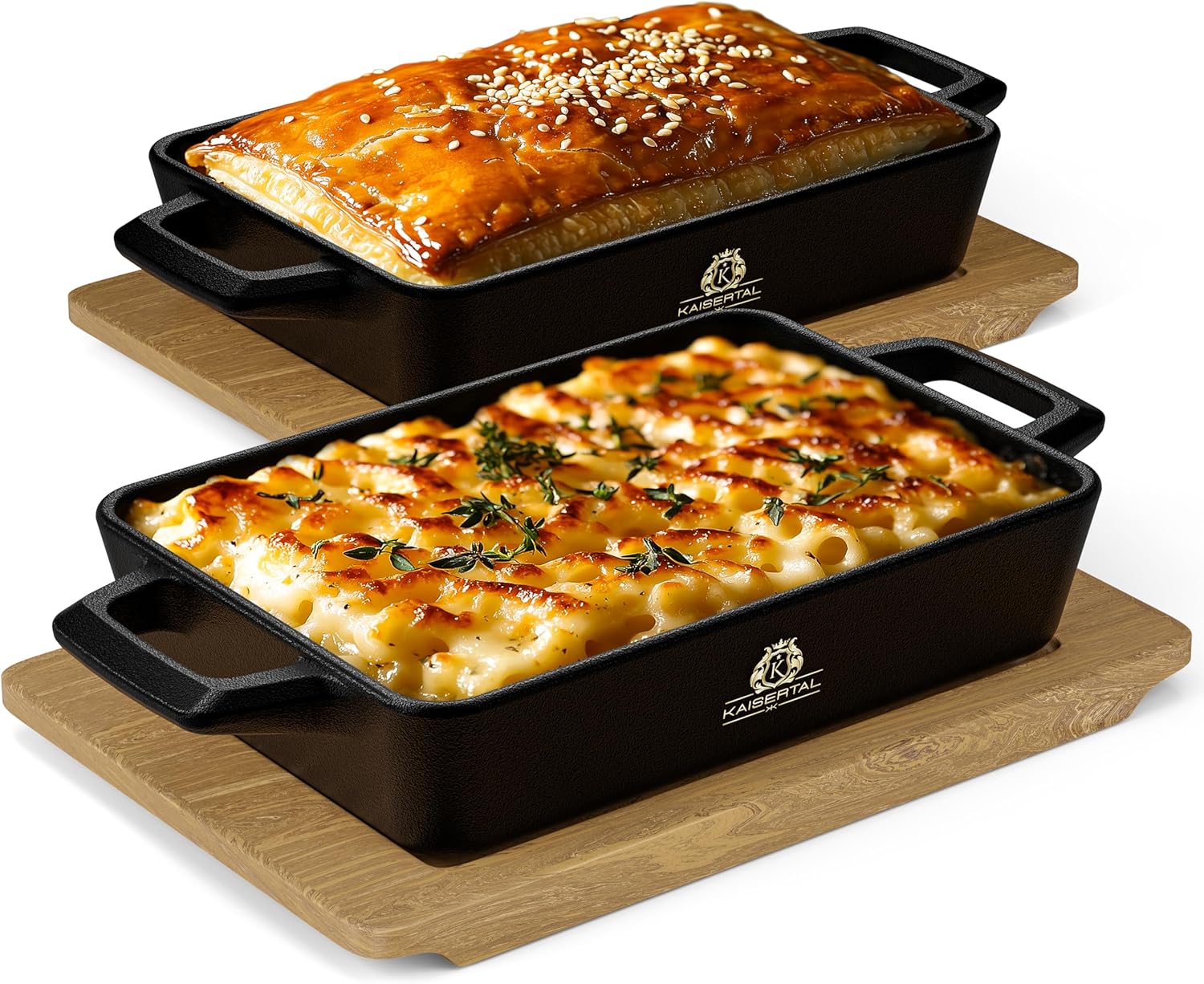KAISERTAL 2er Set Servierpfanne Gusseisen Quadratisch 16x11 cm - Pfanne mit 2 Griffen & Holzuntersetzer KAISERTAL 2er Set Servierpfanne Gusseisen Quadratisch 16x11 cm - Pfanne mit 2 Griffen & Holzuntersetzer
