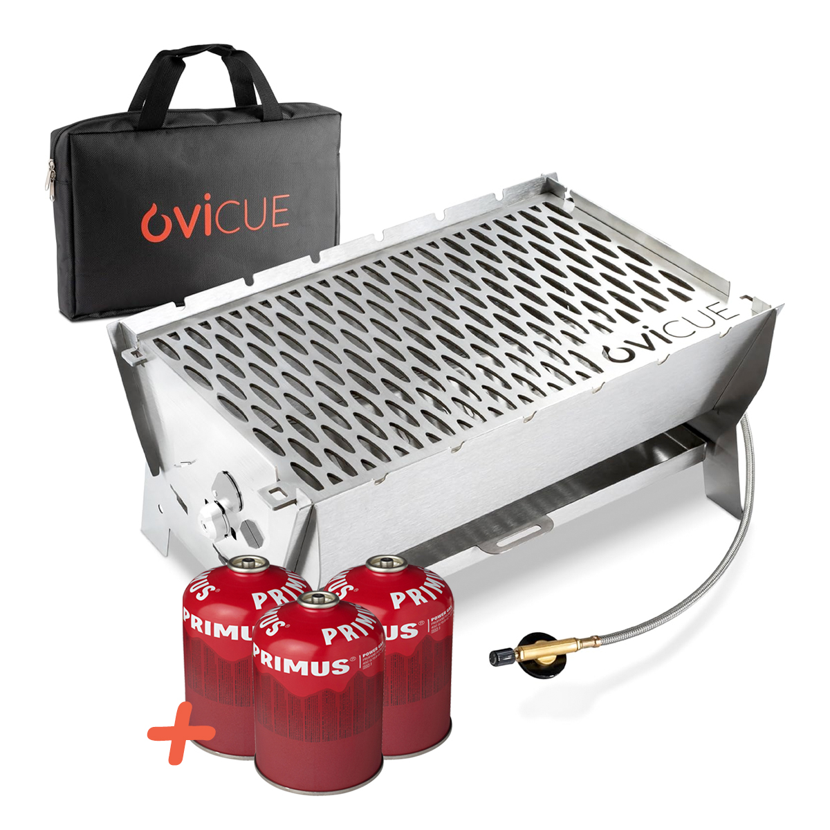 Ovicue L Kompaktgrill Set - Mobiler Gasgrill mit 3,5 kW Leistung und 3 PRIMUS 450g Gaskartuschen