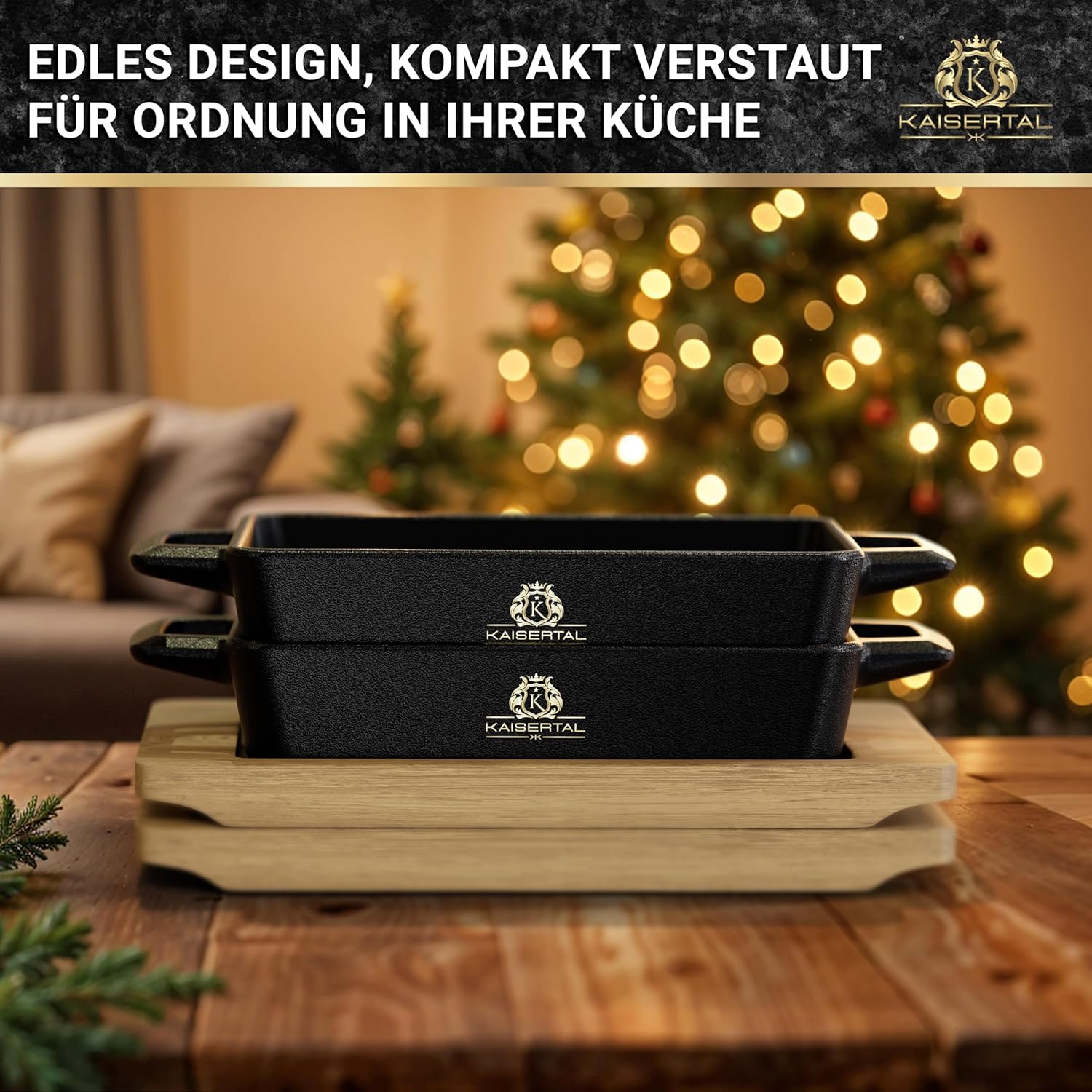 KAISERTAL 2er Set Servierpfanne Gusseisen Quadratisch 16x11 cm - Pfanne mit 2 Griffen & Holzuntersetzer von KAISERTAL