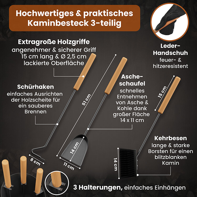 BLACK OAK Kaminbesteck Vail 4-teilig mit Holzgriff inkl. Lederhandschuh von BLACK OAK