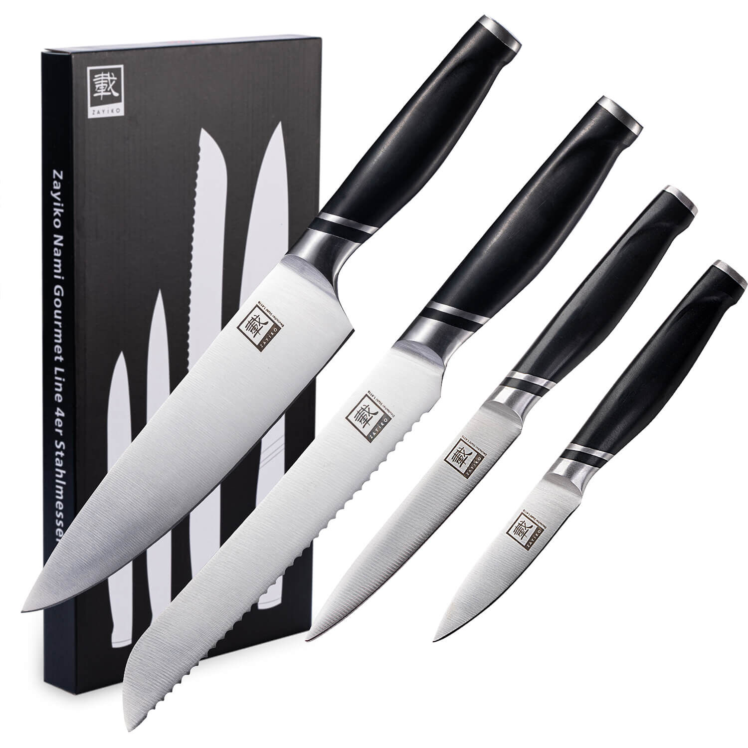Zayiko NAMI Serie 4er Messer-Set 8,50 cm bis 20,50 cm | Deutscher Edelstahl | Ergonomischer ABS Griff
