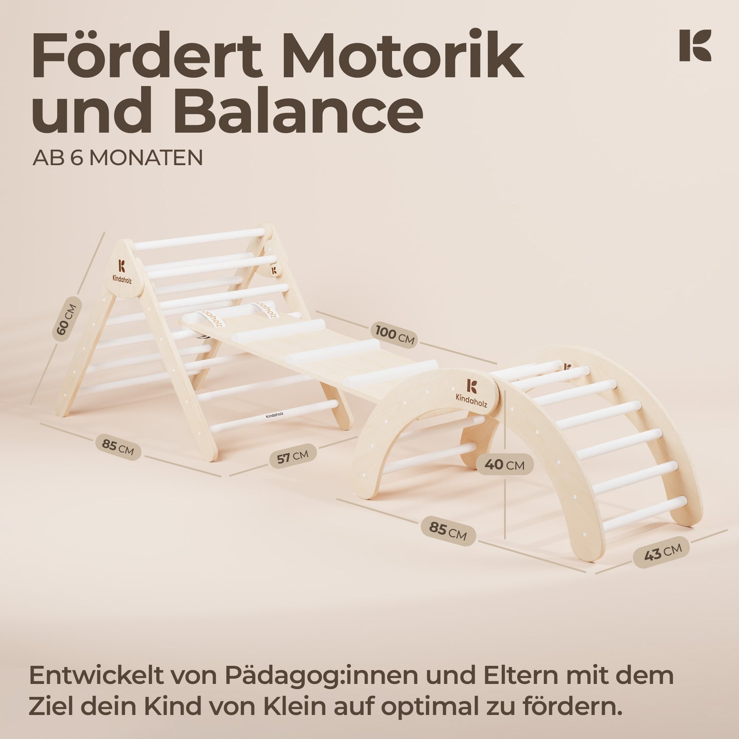 Kindaholz SAMI Kletterdreieck mit NINA Kletterbogen und MIKA Rutschrampe Weiß Indoor Kletterset aus FSC Holz von Kindaholz