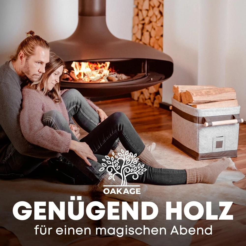 OAKAGE FireMaster Holzkorb Dunkelgrau aus recyceltem Filz mit Buchenholzgriffen - 35x42x35cm