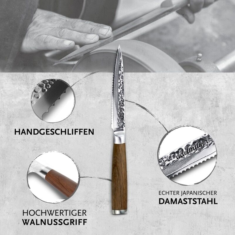 adelmayer Premium Damastmesser | 12 cm  Steakmesser | mit Walnussgriff | 2er Set