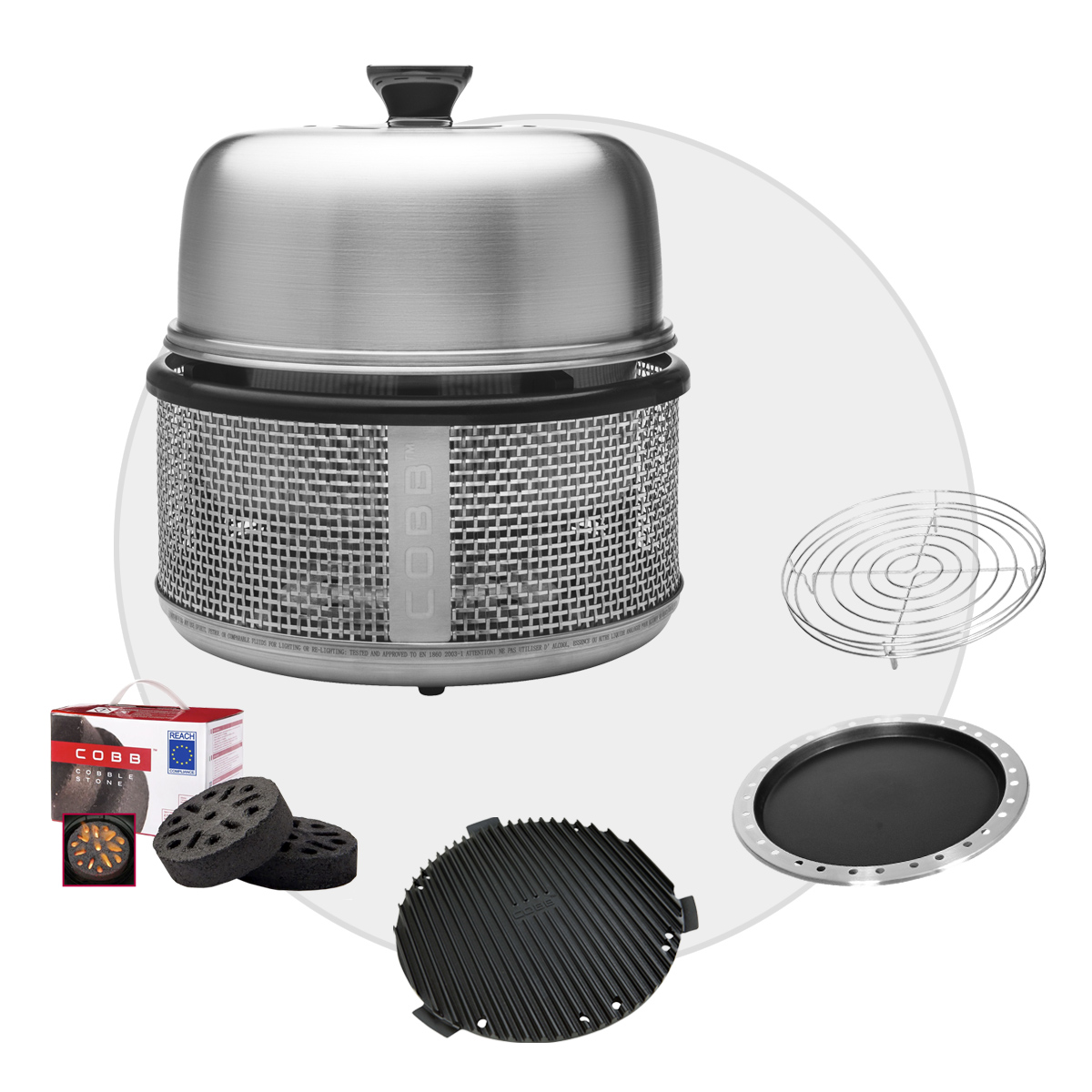COBB Premier AIR DELUXE Grill inkl. Air Deckel & Griddle & Bratenrost & Pfanne & Cobble Stone von Cobb
