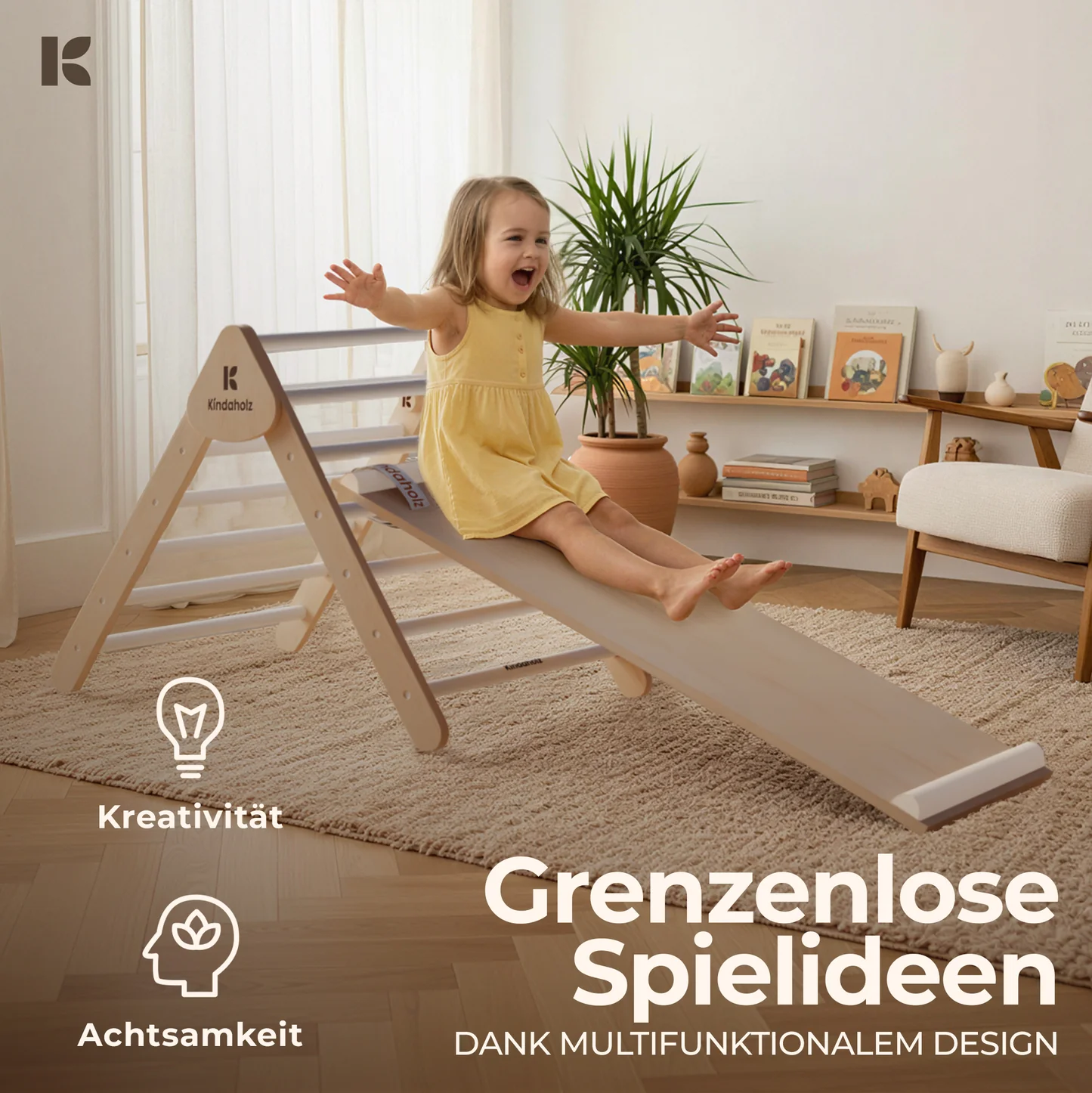 Kindaholz SAMI Kletterdreieck mit NINA Kletterbogen und NOAH Rutschrampe Weiß Indoor Kletterset aus FSC Holz von Kindaholz