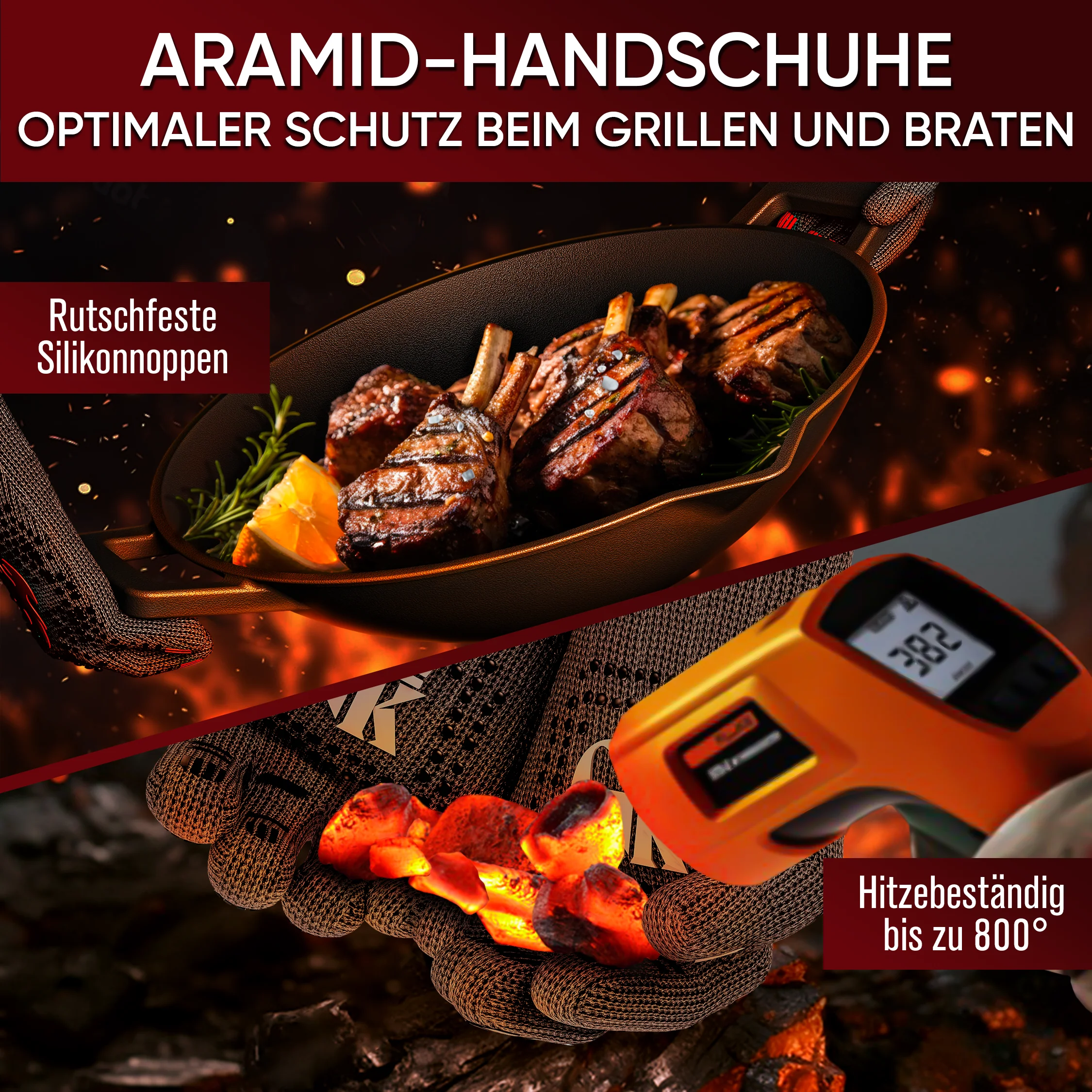 GUSSKÖNIG Größe M Grillhandschuhe hitzebeständig bis 800°C von GUSSKÖNIG