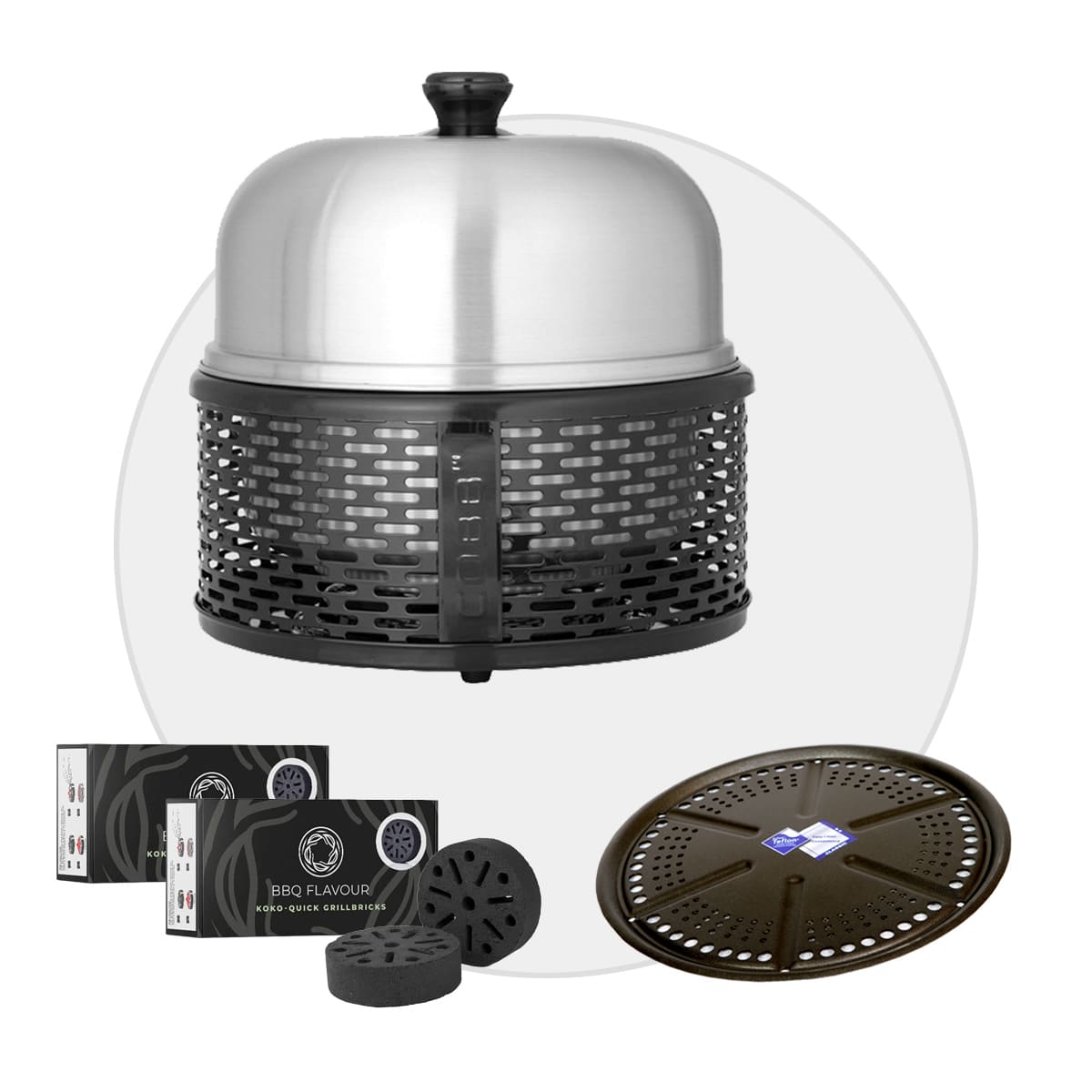 COBB PRO BLACK Holzkohle Grill inkl. Grillplatte + 4x BBQ Flavour Quick Koko Briketts