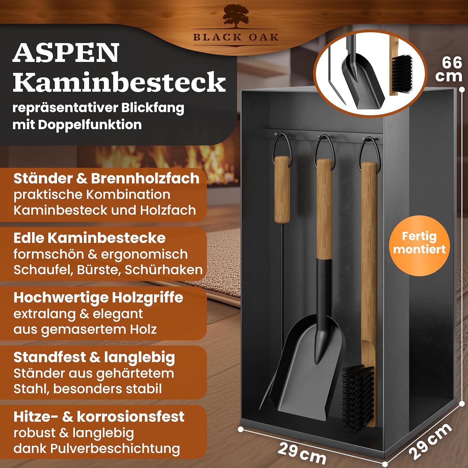 BLACK OAK Kaminbesteck Aspen 4-teilig schwarz mit Holzgriffen von BLACK OAK