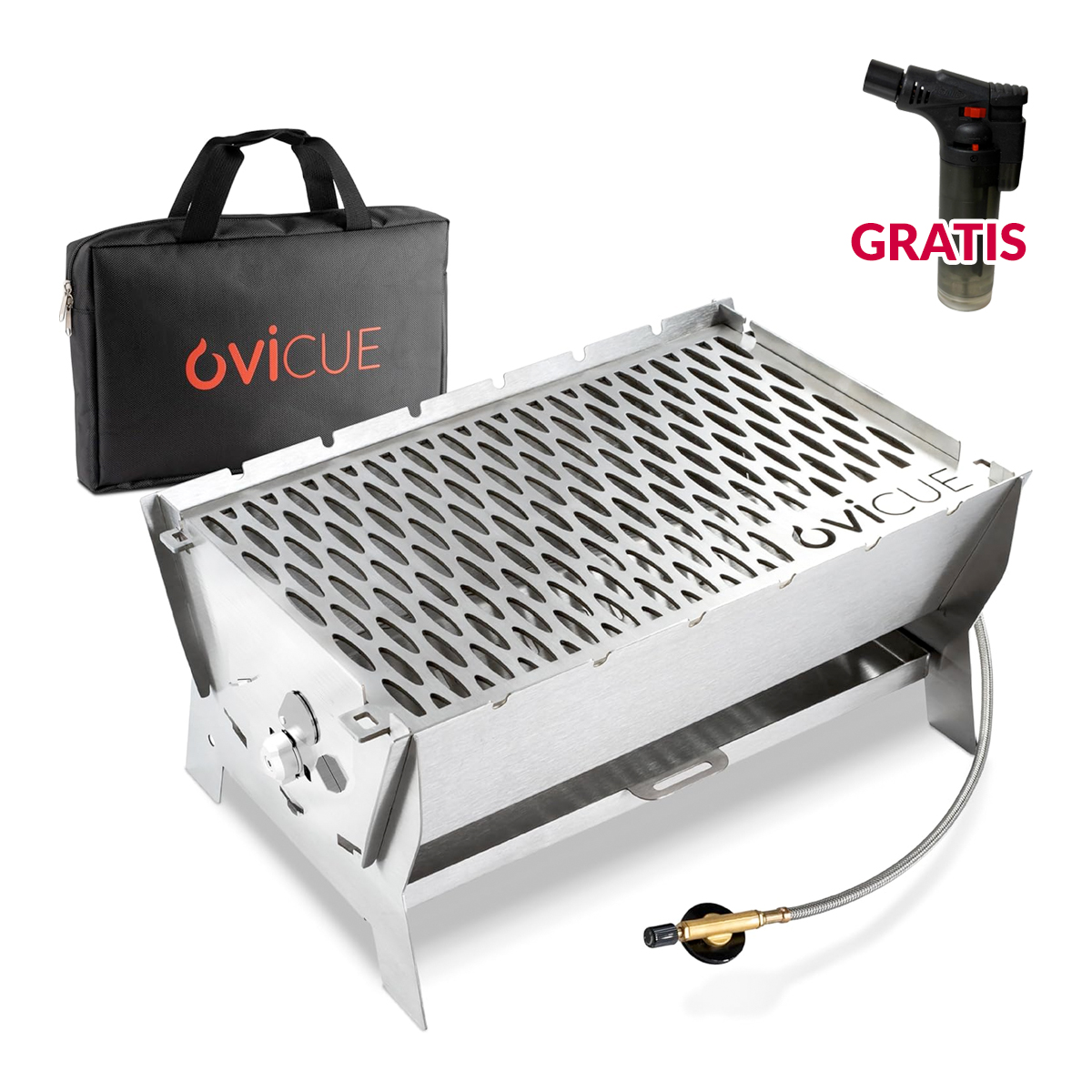 Ovicue L Kompaktgrill mobiler Gas Holzkohlegrill 3,5 kW Outdoor Camping Set BBQ von Ovibell