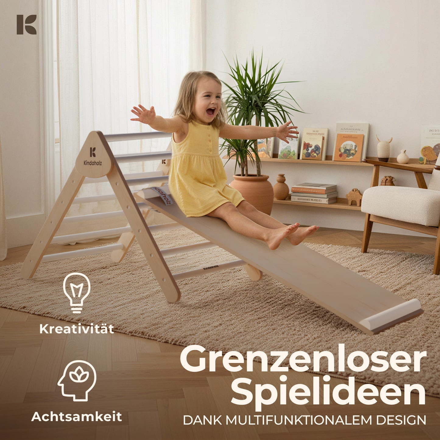 Kindaholz SAMI Kletterdreieck mit MIKA Rutschrampe Weiß Indoor Kletterset aus FSC-Holz von Kindaholz
