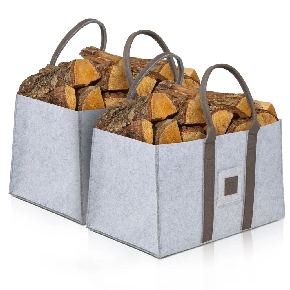 OAKAGE Holzkorb Filzshopper 2er Set Hellgrau aus recyceltem Filz 50 x 33 x 30 cm von OAKAGE