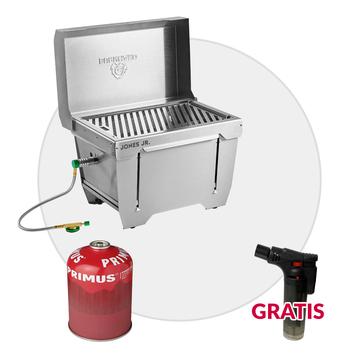 BURNHARD JONES Jr. Campinggrill 1-Brenner Mobiler Gasgrill + mit Primus Gaskartusche für flexibles Grillen unterwegs