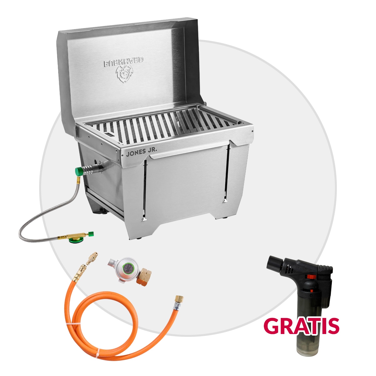 BURNHARD JONES Jr. Campinggrill 1-Brenner Mobiler Gasgrill + Gasflaschen Adapter für maximale Grillfreiheit von BURNHARD