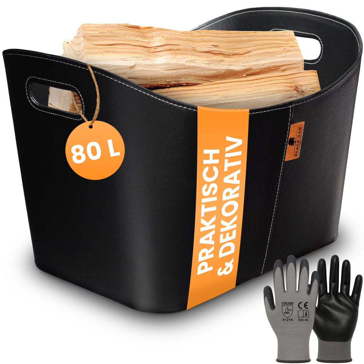 BLACK OAK DAKOTA XL 80L Holzkorb Kunstleder schwarz + Handschuhe grau