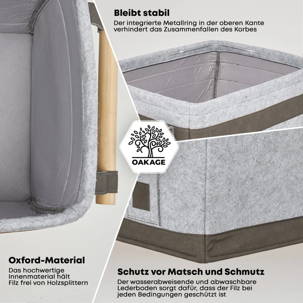OAKAGE FireMaster Holzkorb Dunkelgrau aus recyceltem Filz mit Buchenholzgriffen - 35x42x35cm von OAKAGE