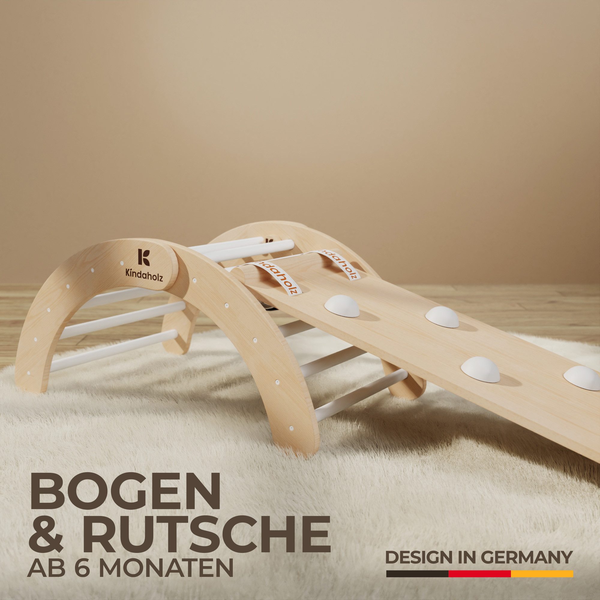 Kindaholz NINA Kletterbogen mit NOAH Rutschrampe Weiß Indoor Kletterset aus FSC Holz von Kindaholz