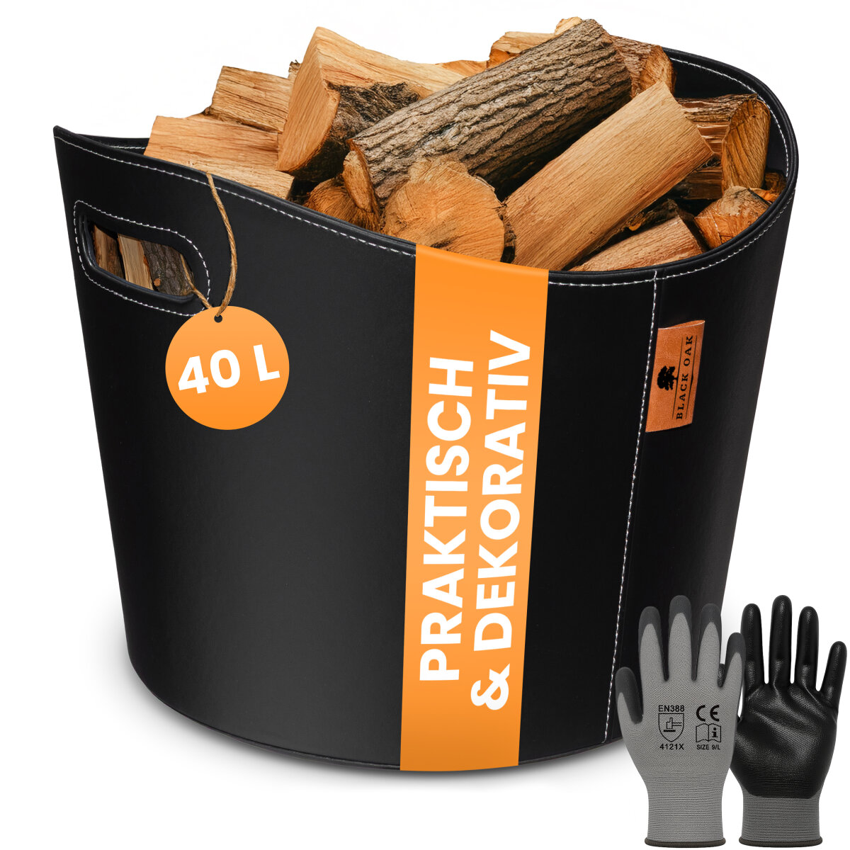 BLACK OAK DAKOTA L 40L Holzkorb Kunstleder schwarz + Handschuhe grau