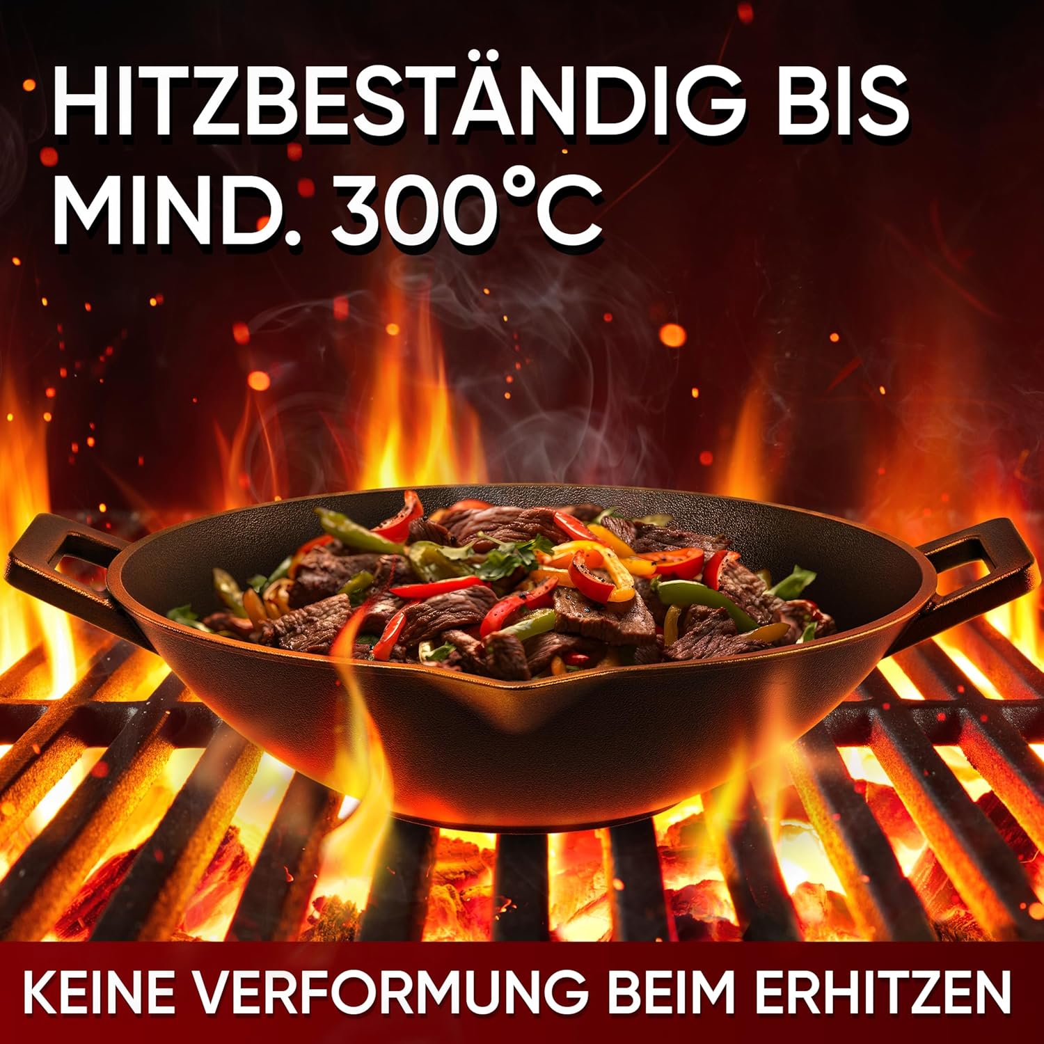 GUSSKÖNIG Gusseisen Wok Pfanne - 36 cm robuste Wokpfanne inklusive Edelstahl Ringreiniger & Grillhandschuhe von GUSSKÖNIG