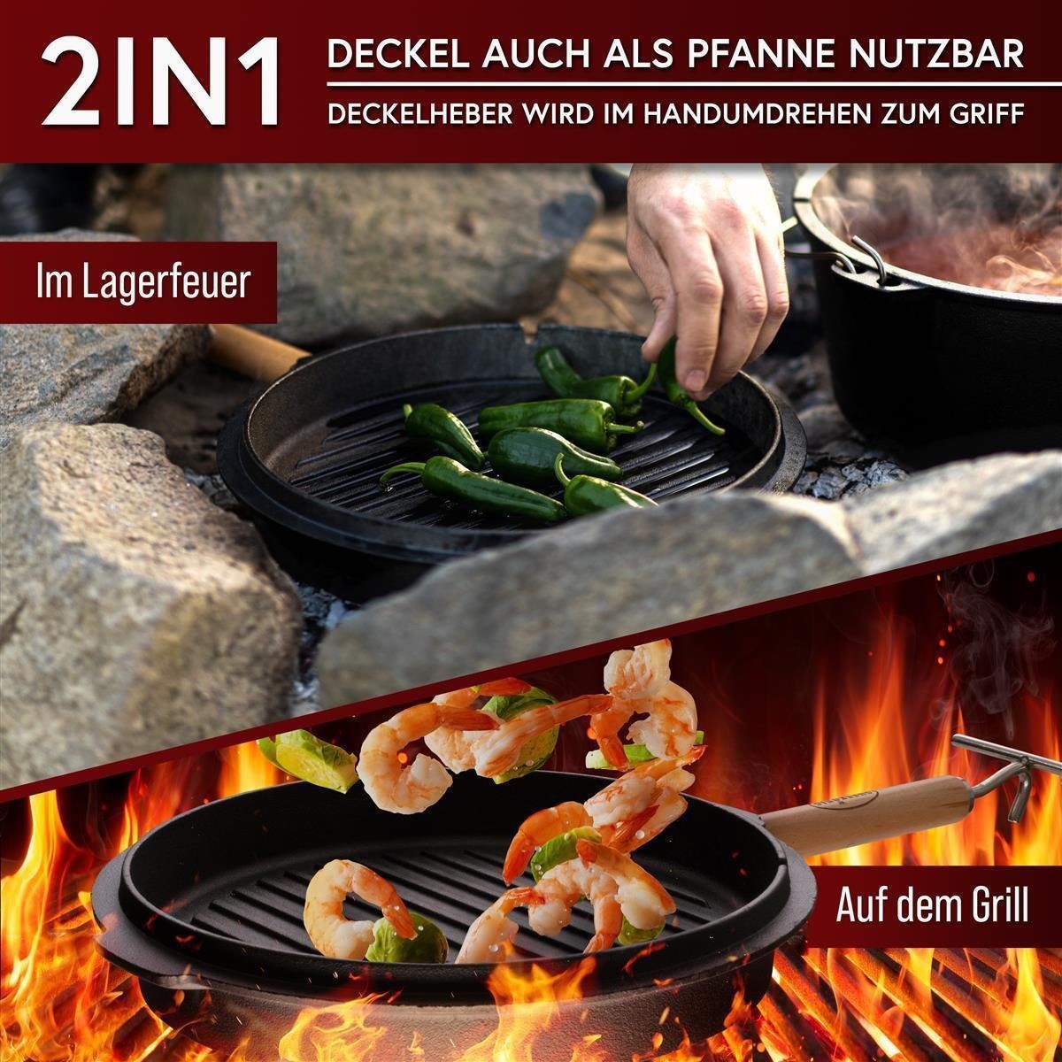 GUSSKÖNIG 4,5 Liter Dutch Oven Set mit Füßen | Eingebrannter Feuertopf | 2in1 Deckelheber | Bürste von GUSSKÖNIG