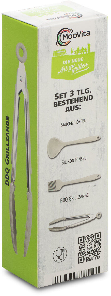 MooVita 3-teiliges Küchenhelfer-Set ~ Grillbesteck Löffel + Zange + Pinsel aus Silikon