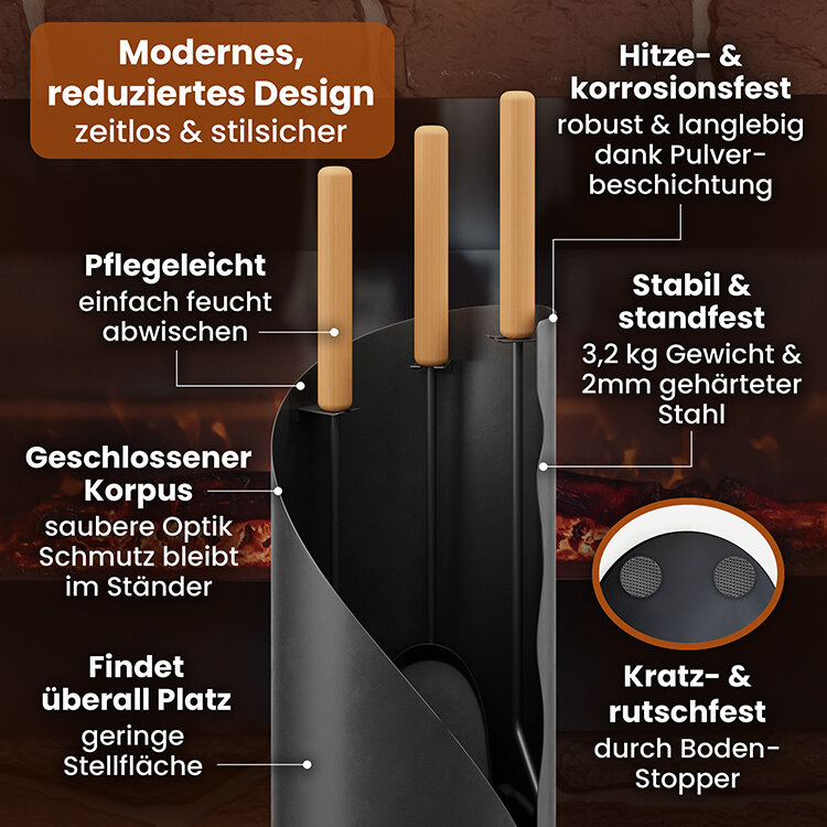 BLACK OAK Kaminbesteck Vail 4-teilig mit Holzgriff inkl. Lederhandschuh von BLACK OAK