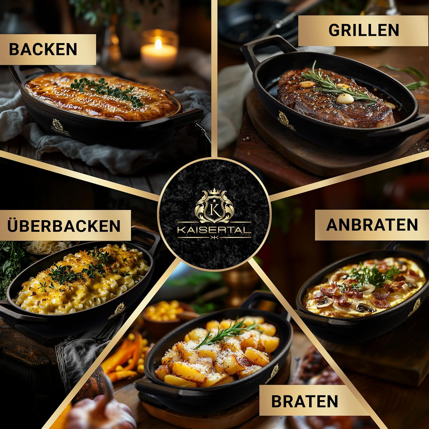 KAISERTAL Servierpfanne Gusseisen Oval 15x10 cm - Pfanne mit 2 Griffen & Holzuntersetzer von KAISERTAL