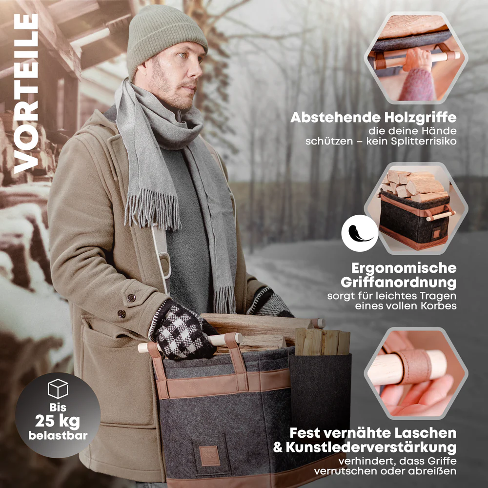 OAKAGE FireMaster Duo Holzkorb Dunkelgrau Filz / Veganes Leder - Einhängbarer Zündholzkorb - 42x32x35cm von OAKAGE