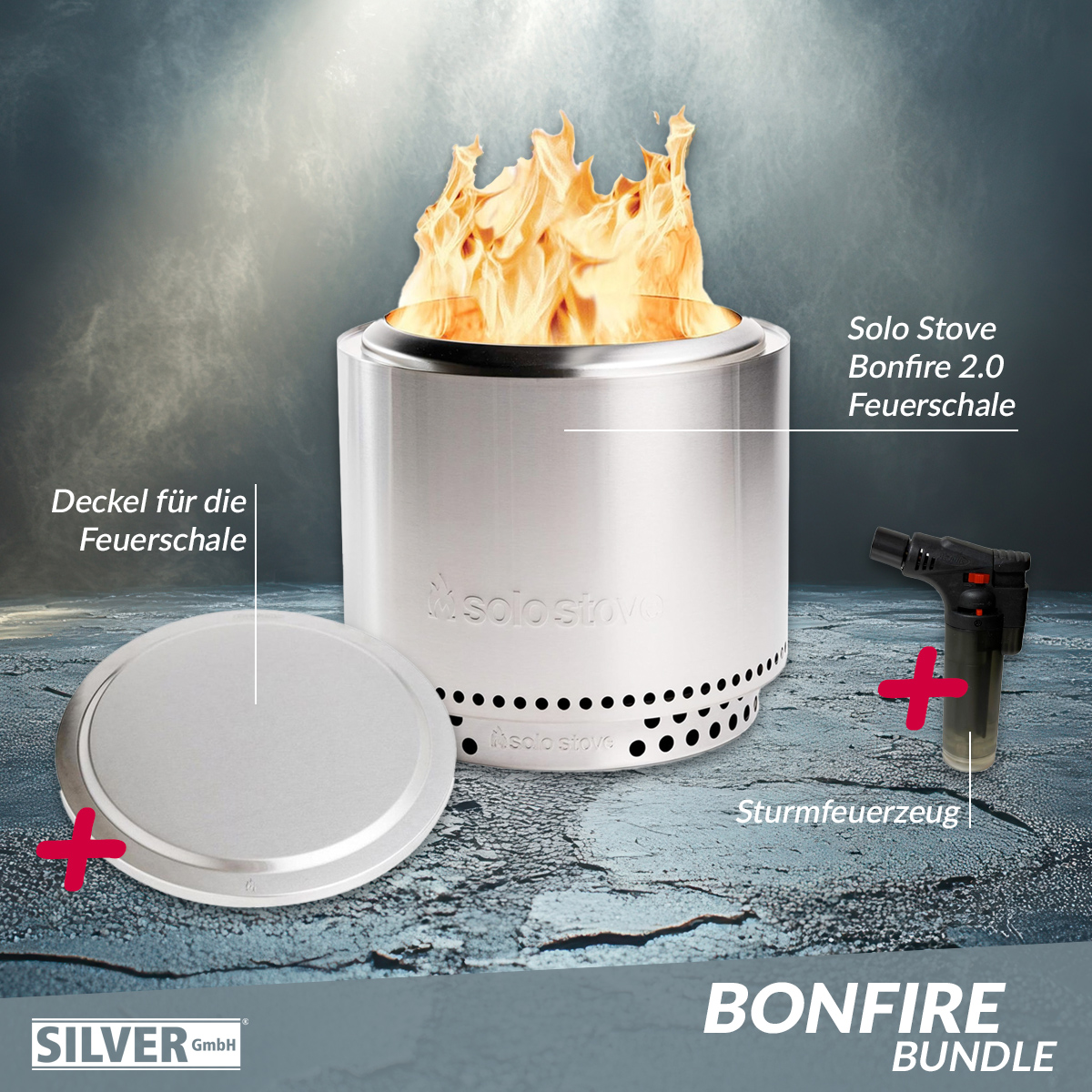 Solo Stove BONFIRE 2.0 + STAND Edelstahl + Edelstahl Deckel + Sturmfeuerzeug