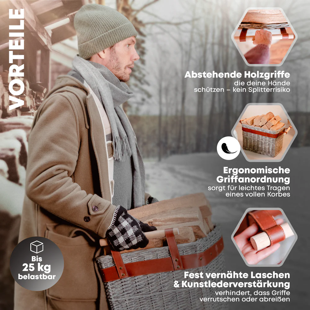 OAKAGE WillowWrap Holzkorb Weide - mit ausreißsicheren Holzgriffen - 50x40x35cm von OAKAGE