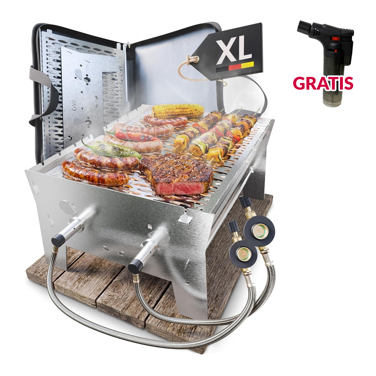 OVICUE Grill XL - Mobiler Gas- und Holzkohlegrill aus Edelstahl 330 × 410 × 205 mm von Ovibell