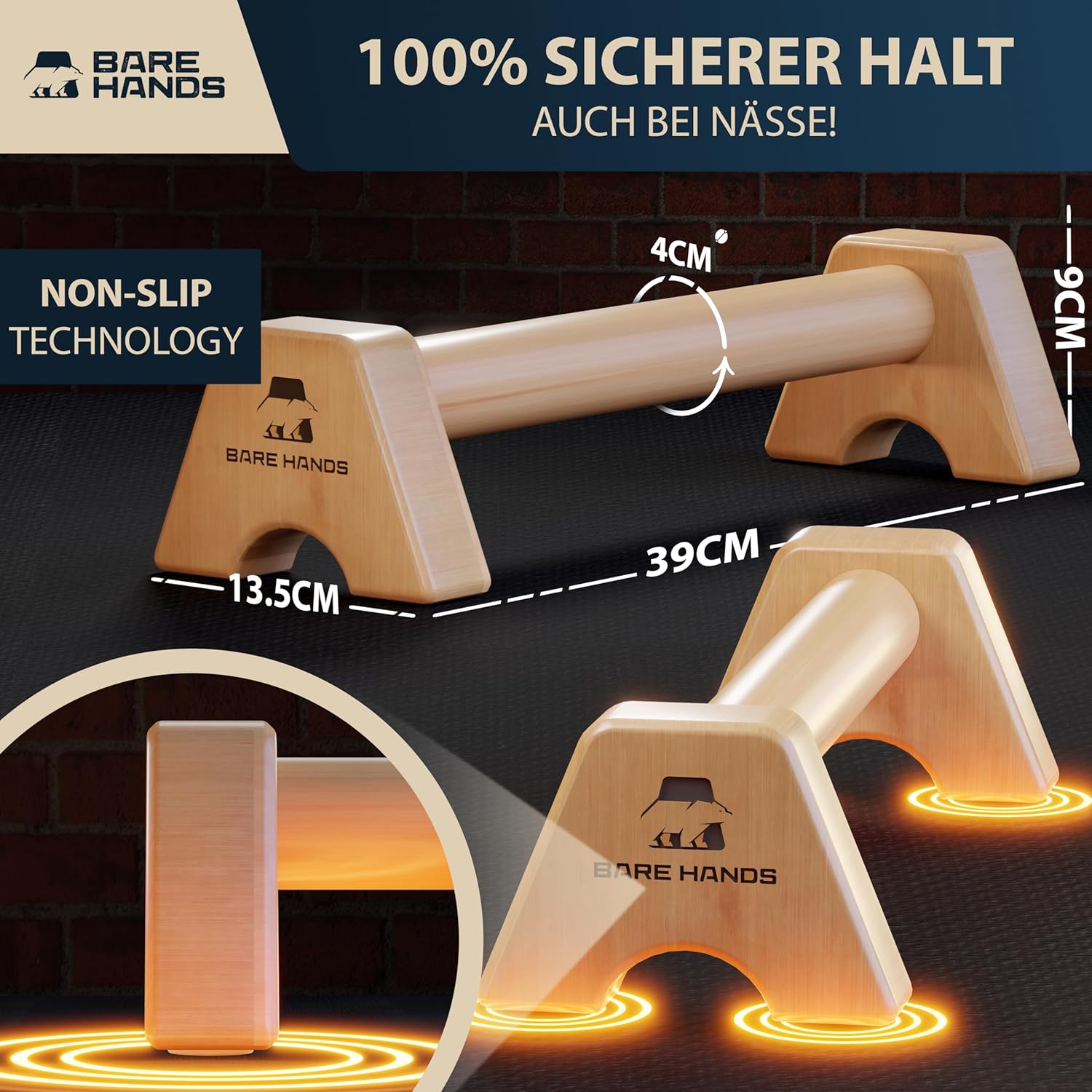 BARE HANDS Liegestützgriffe Größe M aus hellem Holz rutschfest und gelenkschonend für Calisthenics Indoor und Outdoor von Bare Hands