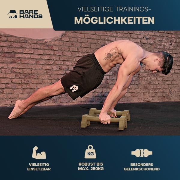 BARE HANDS Liegestützgriffe Größe M aus dunklem Holz rutschfest und gelenkschonend für Calisthenics Indoor und Outdoor von Bare Hands