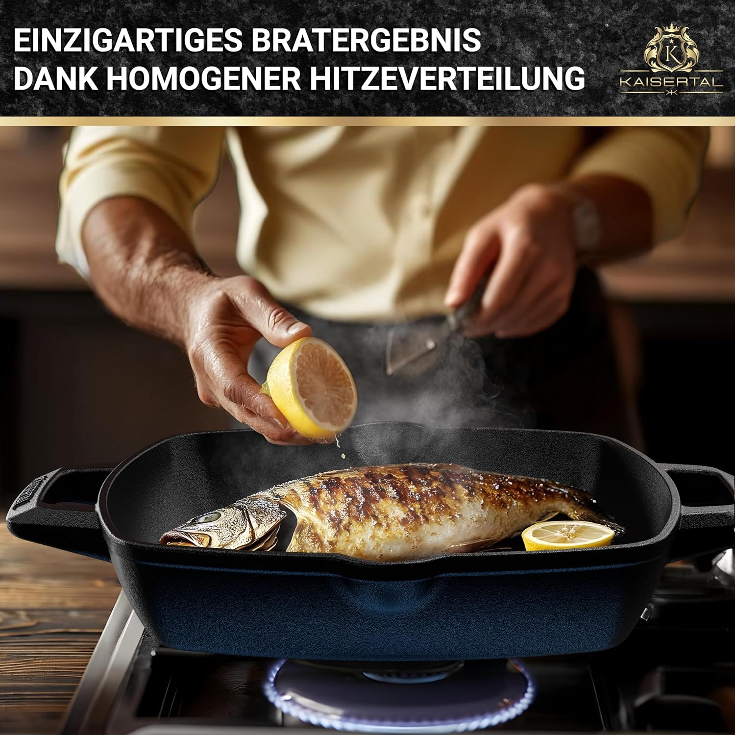 KAISERTAL Gusseisen Grillpfanne 26 cm Eingebrannt - Quadratisch mit Doppelgriff von KAISERTAL