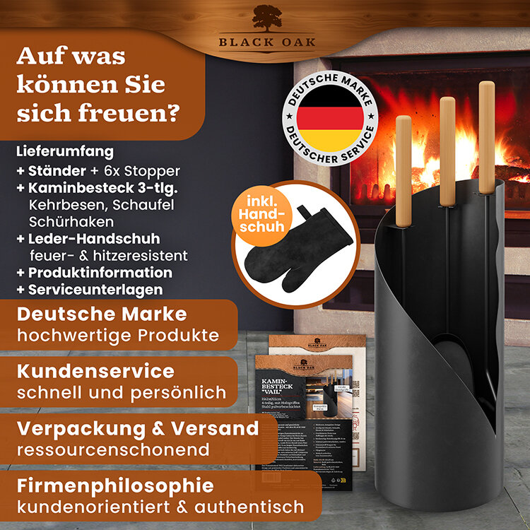BLACK OAK Kaminbesteck Vail 4-teilig mit Holzgriff inkl. Lederhandschuh von BLACK OAK