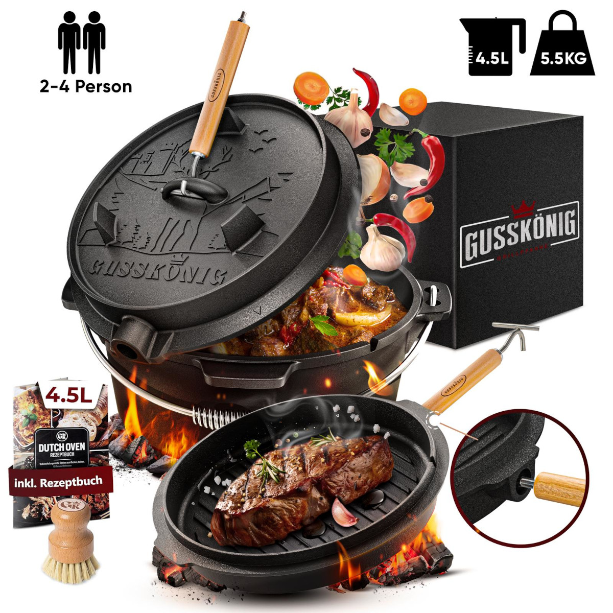 GUSSKÖNIG 4,5 Liter Dutch Oven Set mit Füßen | Eingebrannter Feuertopf | 2in1 Deckelheber | Bürste