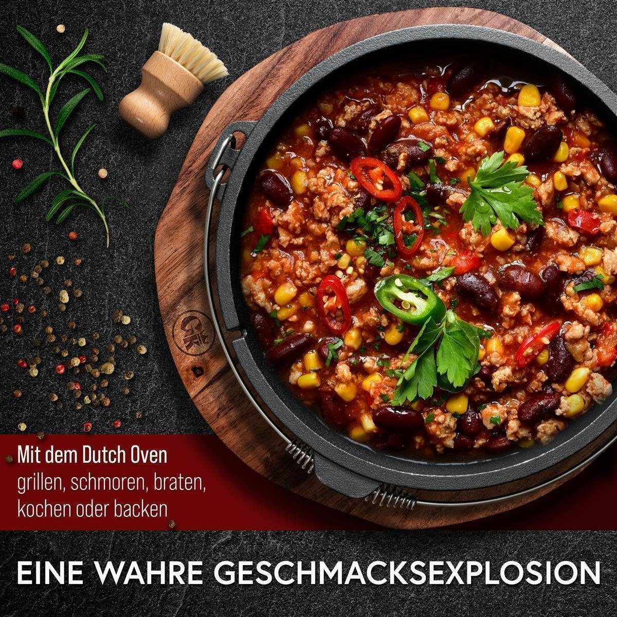 GUSSKÖNIG 4,5 Liter Dutch Oven Set ohne Füße | Eingebrannter Feuertopf | 2in1 Deckelheber | Bürste von GUSSKÖNIG