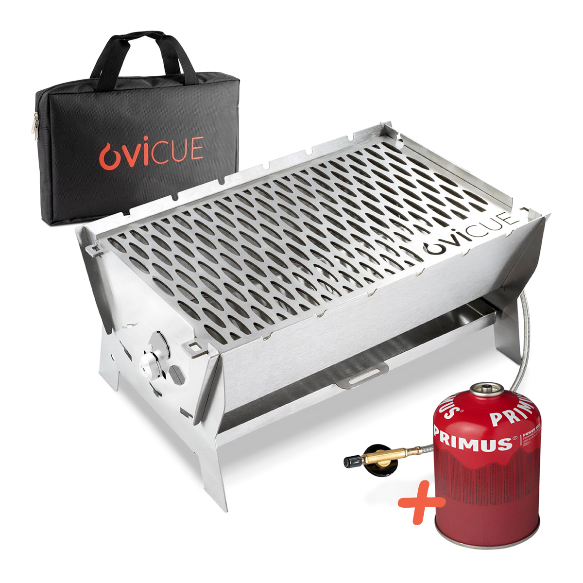Ovicue L Kompaktgrill Set mit PRIMUS Power Gas 450 g Mobiler 2 in 1 Grill für Gas und Holzkohle von Ovibell