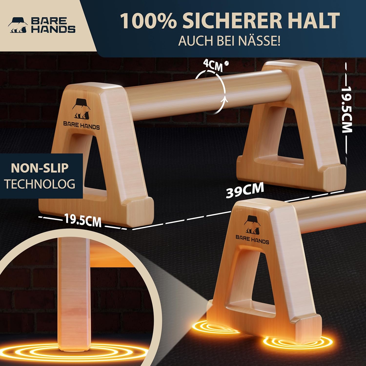 BARE HANDS 2x Liegestützgriffe Größe XL aus hellem Holz gelenksschonend rutschfest für Calisthenics Indoor und Outdoor ideal für Liegestütze und Handstand von BARE HANDS