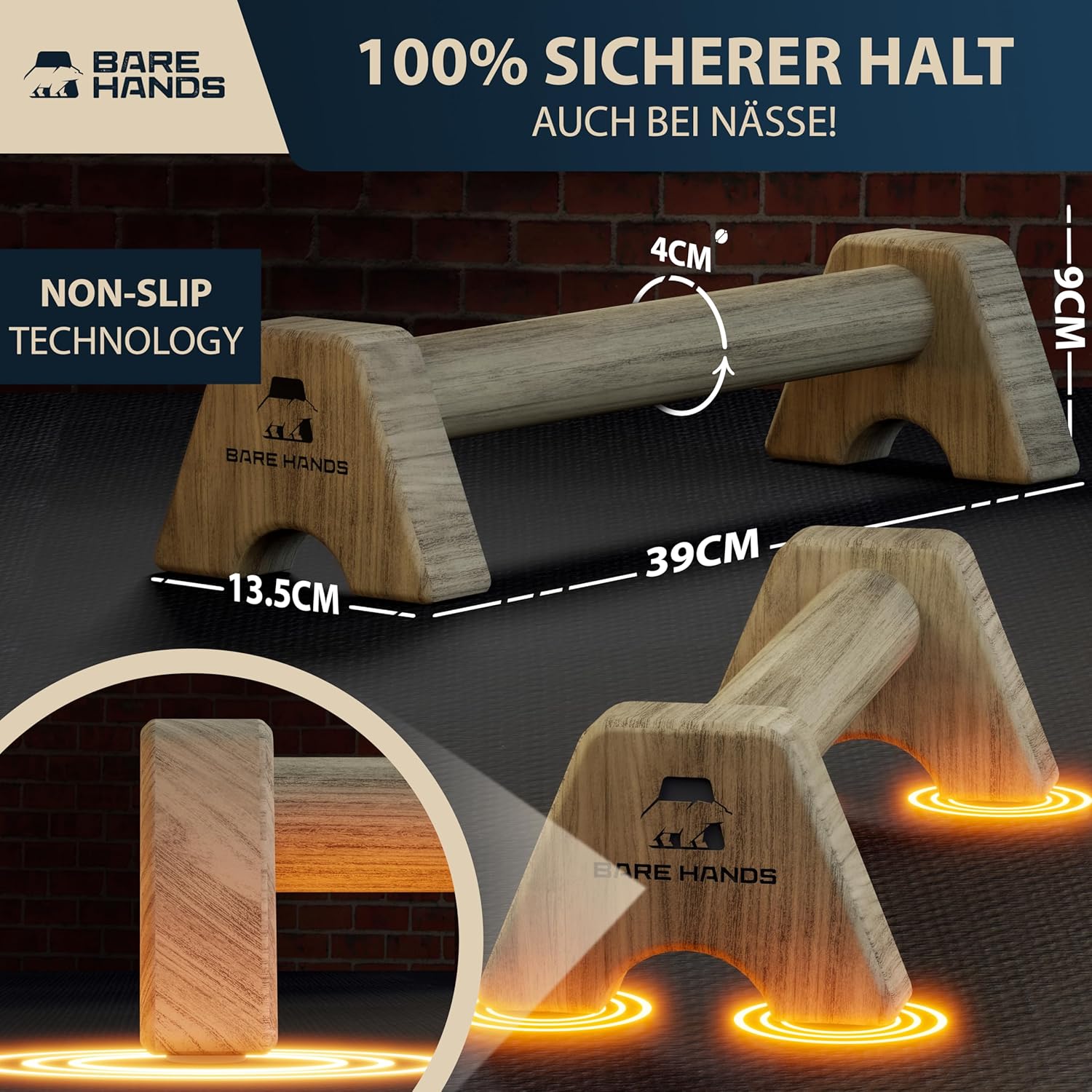 BARE HANDS Liegestützgriffe Größe M aus dunklem Holz rutschfest und gelenkschonend für Calisthenics Indoor und Outdoor von Bare Hands