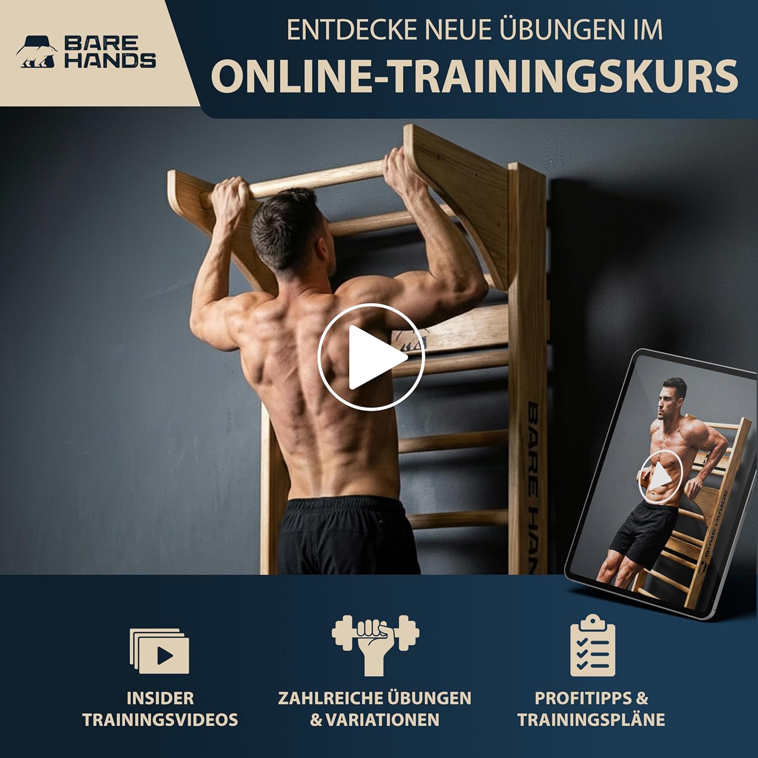 Multifunktionale 3in1 Sprossenwand mit Klimmzugstange für dein Home Gym bis 200 kg von Bare Hands