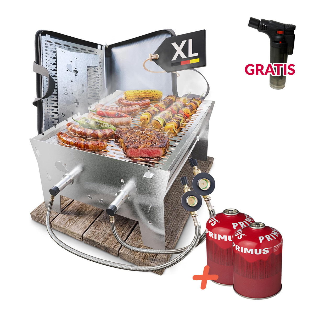 OVICUE Grill XL mit 2x PRIMUS Power Gas 450 g | Mobiler Gas und Holzkohlegrill 330 × 410 × 205 mm von Ovibell