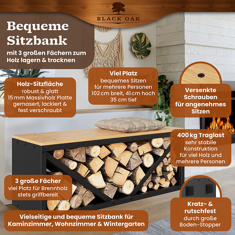 BLACK OAK Kaminholzbank Ohio schwarz matt bis 400kg - 102 × 41 × 35 cm inkl. Lederhandschuh von BLACK OAK