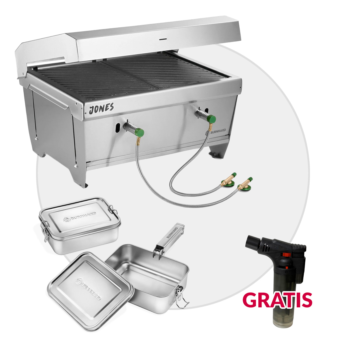 BURNHARD JONES Campinggrill 2 Brenner + 2x 1,2 Liter Edelstahl Kochgeschirr Set von BURNHARD