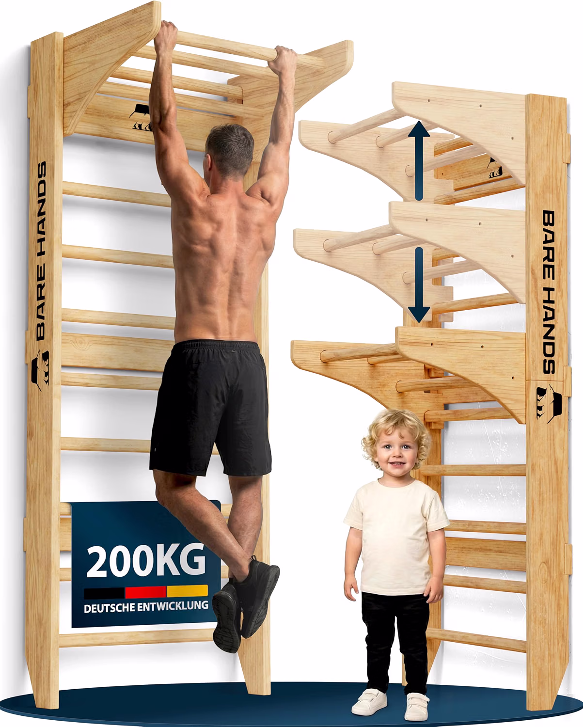 BARE HANDS 3in1 Sprossenwand aus Holz mit Klimmzugstange & Dipstange | Home Gym für Erwachsene & Kinder | bis 200 kg