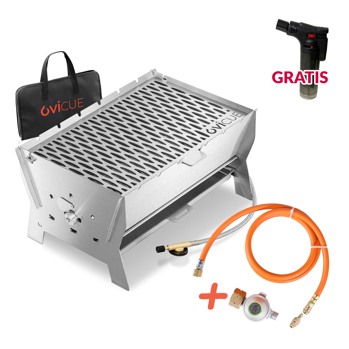 Ovicue L Kompaktgrill 3,5 kW Leistung & 1,3 m Adapter-Set für 5 kg oder 11 kg Gasflasche - flexibles Grillvergnügen mit Standardgas