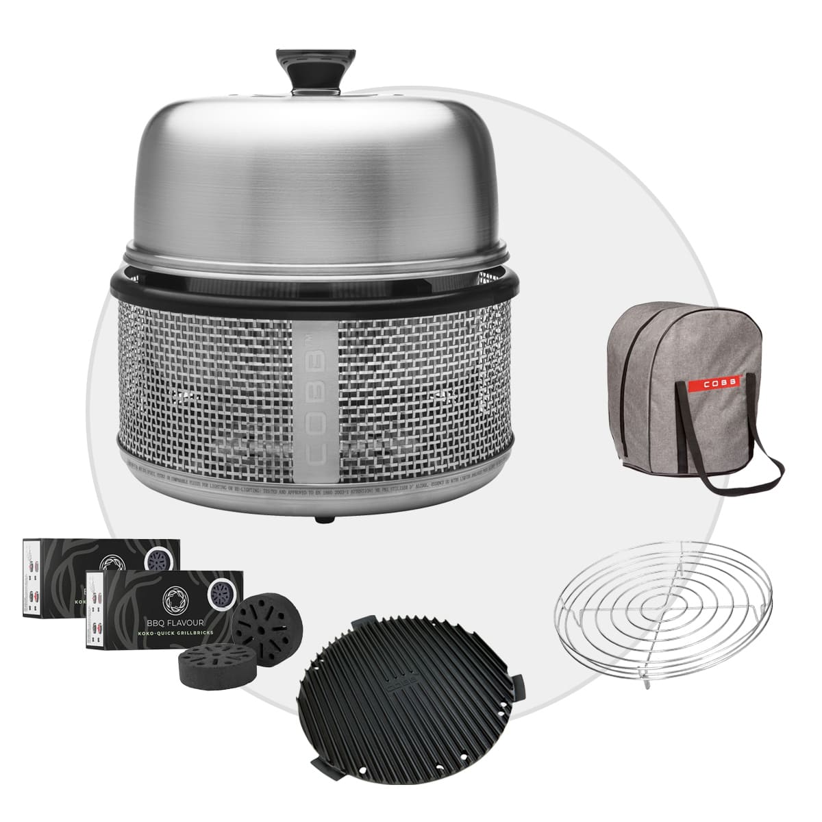 Cobb Premier AIR DELUXE Grill inkl. Air Deckel & Griddle & Bratenrost & Tasche & BBQ Flavour Quick Koko Briketts